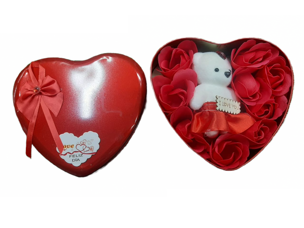 Caja de lata en forma de corazon 10x5cm incluye osito y flores